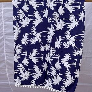 Sarong/Coverup/Canga - Palm Trees Blue and White w/White Poms